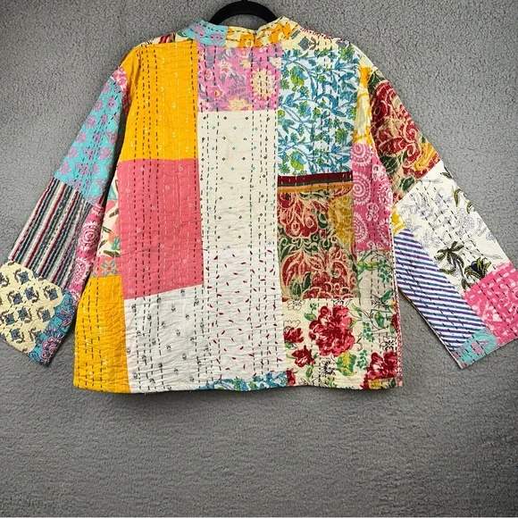Raj Jacket Womens  Medium Patchwork Quilted Kantha Kimono Open Front Duster NWT - Picture 2 of 8